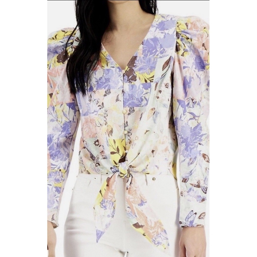 INC International Concepts Floral Blouse Resort Top Linen Blend Cottagecore Sz M